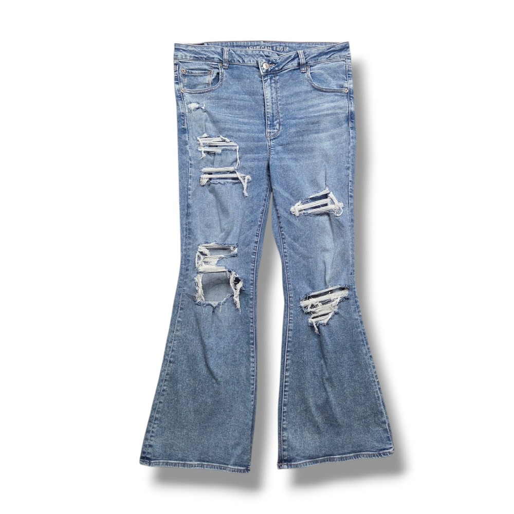 American Eagle Super High Rise Flare Jeans Women 18 Distress Asymmetrical Button